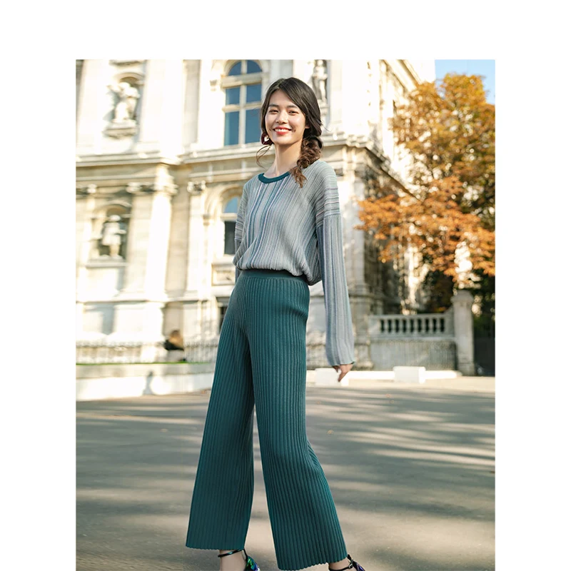 

INMAN 2020 Spring New Arrival Loose Causal Fit Shape Round Collar Top High Waist Wide Leg Pants Two Pieces Suit