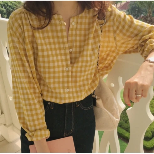 Yellow Shirt with Long Lantern Sleeve Plaid Shirts V-Neck Women Korean Fashion Work Shirt Elegant Office Ladies Casual Tops