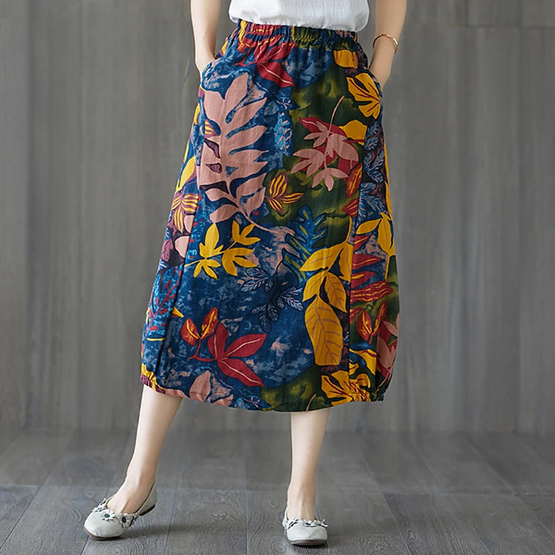

Summer skirt cotton linen vintage print skirts womens midi clothes loose casual A-Line jupe femme faldas mujer moda 2019
