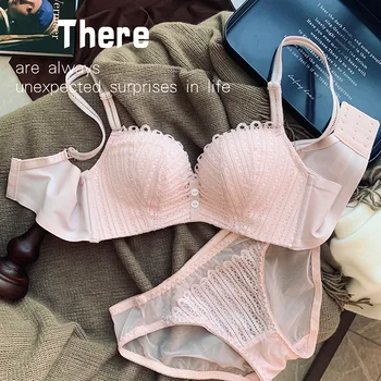 

Wriufred Embroidered Sexy Lace Lingerie Panties Suit Comfortable Gathering Bra Set Adjustable Side Closure Underwear Women