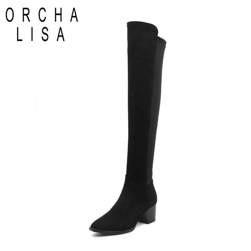 

ORCHA LISA women's winter Shoes Lycra over the knee boots stretched block high heels slip on shoes winter black booties size 45
