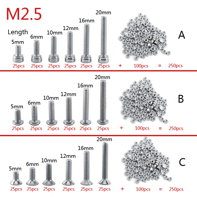 

250pc/set A2 Stainless Steel M2.5 Cap/Button/Flat Head Screws Sets Hex Socket Bolt With Hex Nuts Assortment Kit Mayitr
