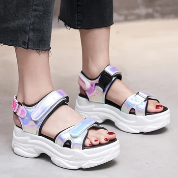 

Rimocy Pink Laser Leather Wedges Shoes for Women Fashion Hollow Out Sport Sandals Woman Summer Platform Beach Cool Shoes Mujer