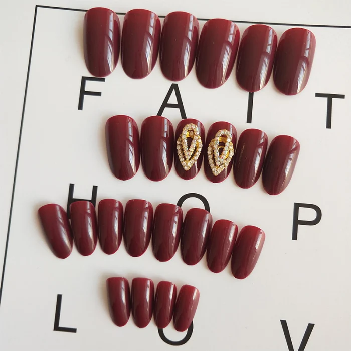 24pcs Faux Nail 3D Wine Red Diamond Wedding False Fake Nail Bridal Nails Care MPwell