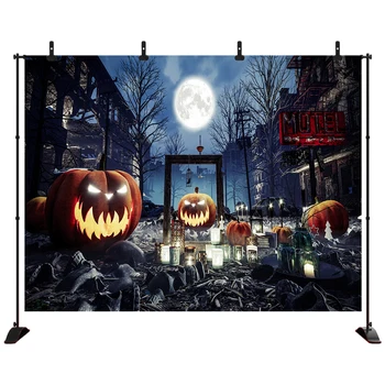 

Halloween Mysterious fog full moon Ruined street Scary pumpkin smiley background Photography Background Portrait Studio Props