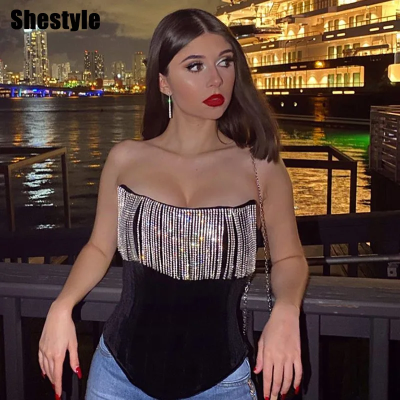 Shstyle бархатные трубчатые Топы без бретелек женские черные сексуальные весна лето с вырезом лодочкой неровные укороченные топы, майка Клубная одежда