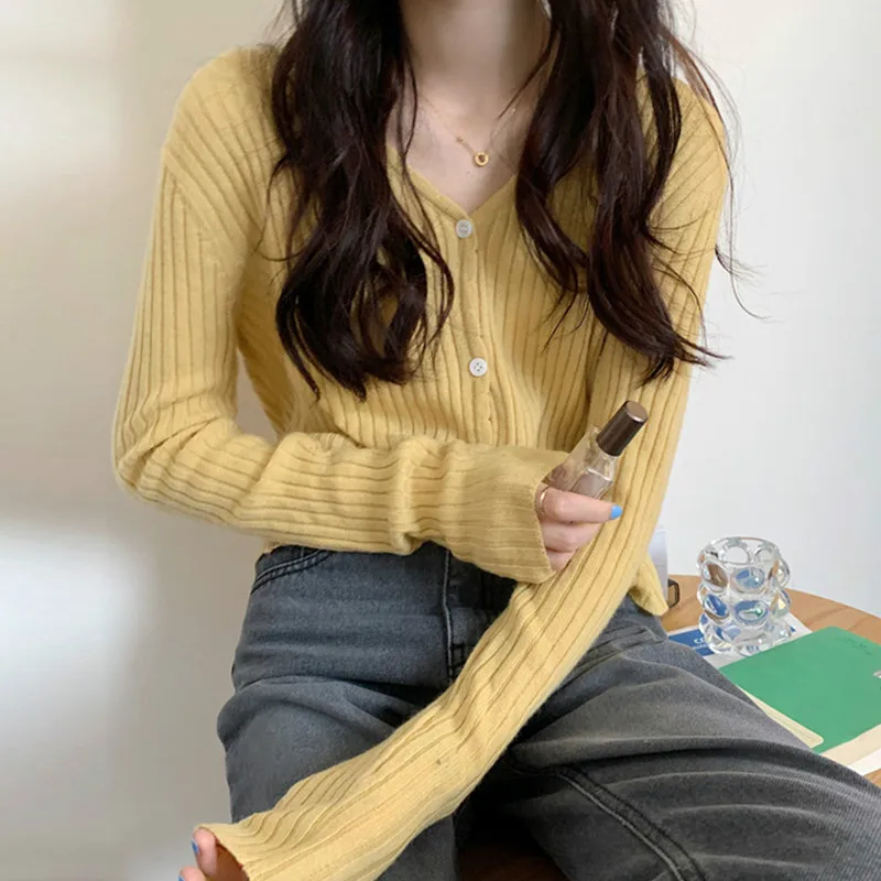 

NEW Yellow Sweet Knitted Cardigan Sweater Women Button V Neck Long Sleeve Autumn Winter Sweater Korean Fashion Knitwear FOR2020