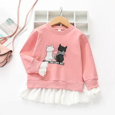 Baby Girl Sweatsghirt Autumn New Toddler Cartoon Cat Sweaters Kids Mesh Patchwork Pullovers Top Tees Toddler Outwear 2-7Y