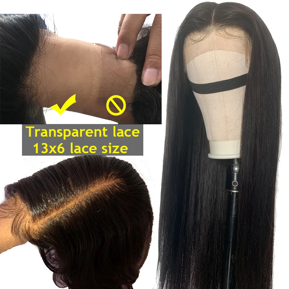 Прозрачный кружевной 13x6 фронта шнурка человеческих волос Парики 150 плотность бразильские натуральные длинные волосы remy темно части предварительно вырезанные