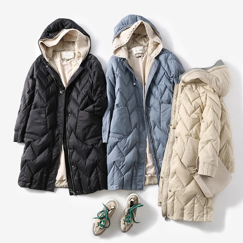 Cocoon down jacket women's middle and long hooded loose profile shell suit haze blue Korean version lazy wind slightly fat big | Женская