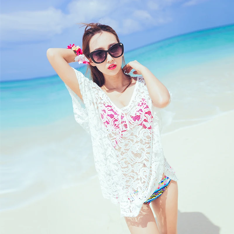 Sexy lace openwork beach coat bikini sunscreen clothing swimwear blouse holiday beach clothes white temperament coat