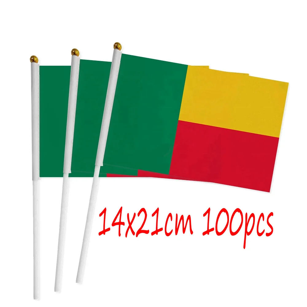 

ZXZ Benin hand Flag 100pcs 14*21cm Polyester Double Side Printing Benin BJ Hand waving Flag with plastic flagpole