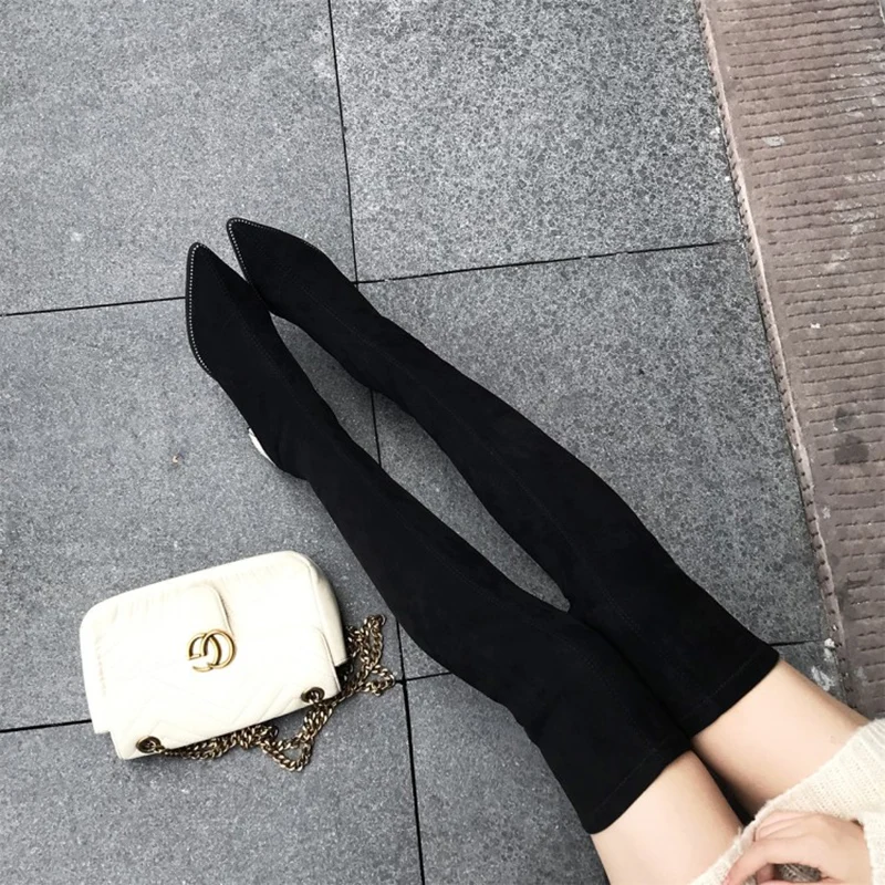 thigh high slip on shoes suede slim women boots pointed toe fashion crystal diamond chunky over the knee rhinestone black