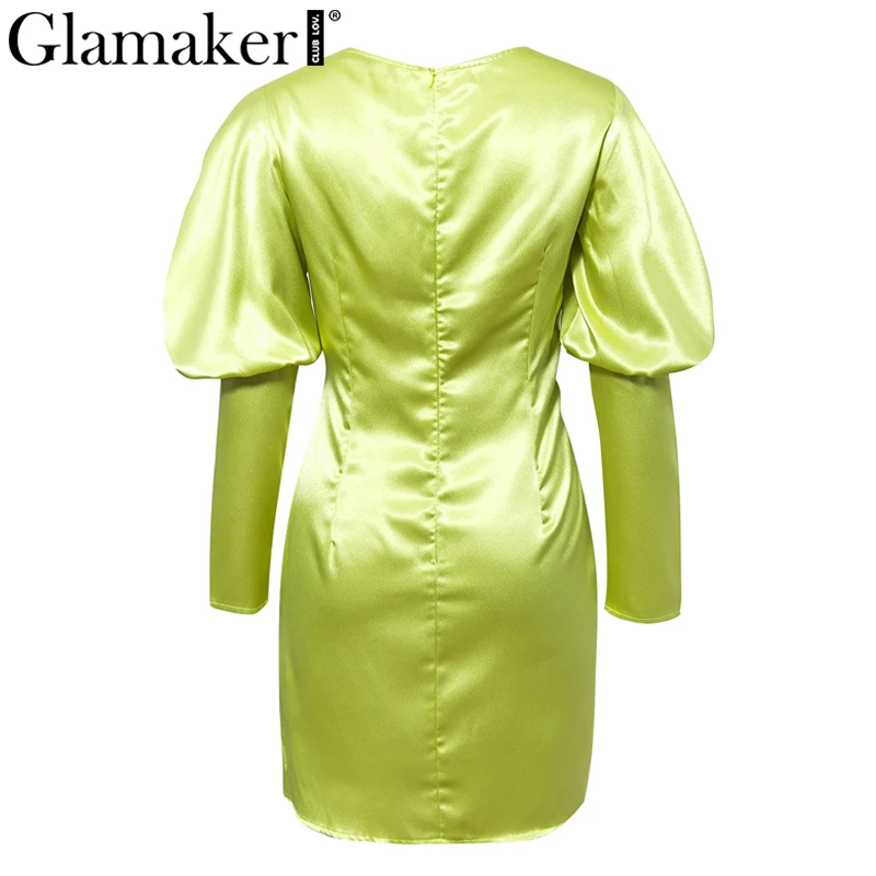 Glamaker, сексуальное, сатиновое, с v-образным вырезом, желтое, короткое платье, для женщин, Осеннее, элегантное, мини платье с запахом, вечерние, для ночного клуба, с рукавами фонариками, облегающее платье