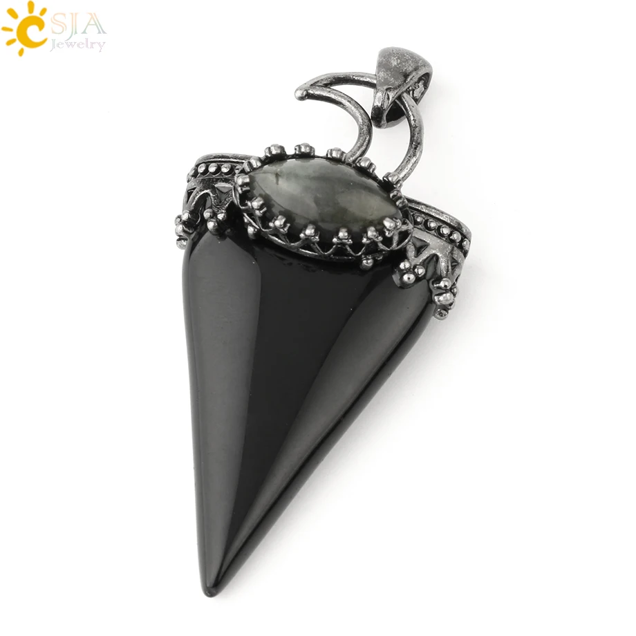 Black Onyx CSJA, натуральная треугольная Подвеска из камня, ожерелье, античный серебряный цвет, корона, Луна, лабрадорит, геометрический, для женщин и мужчин, Трендовое ювелирное изделие G324 - Окраска металла: Black Onyx