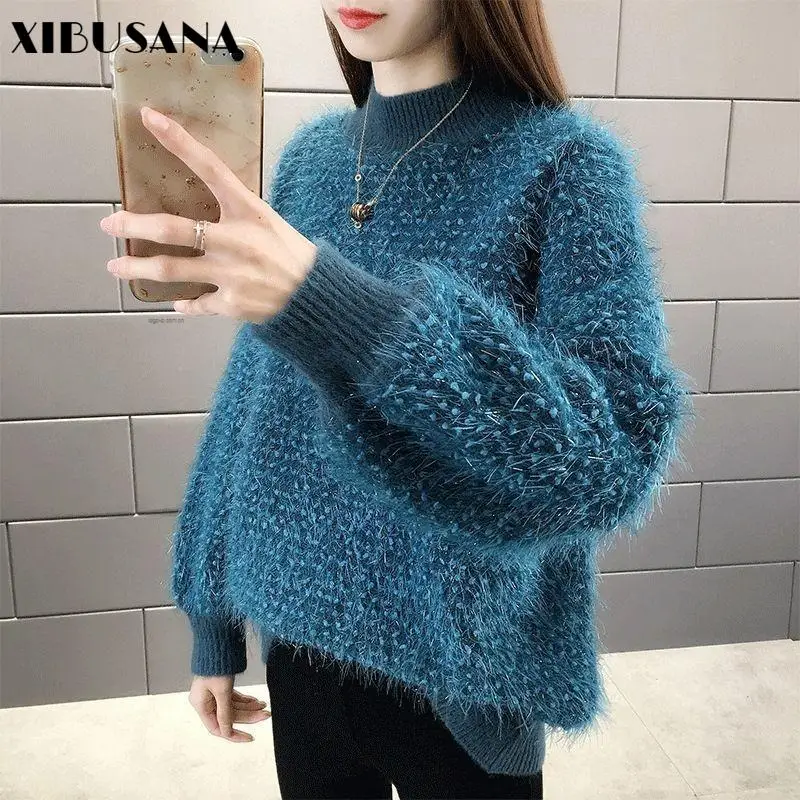 

XIBUSANA 2020 Autumn Vintage Half Turtleneck Sweater Loose Solid Color Lazy Style Long Sleeve Knit Top Bottoming Shirt Furry