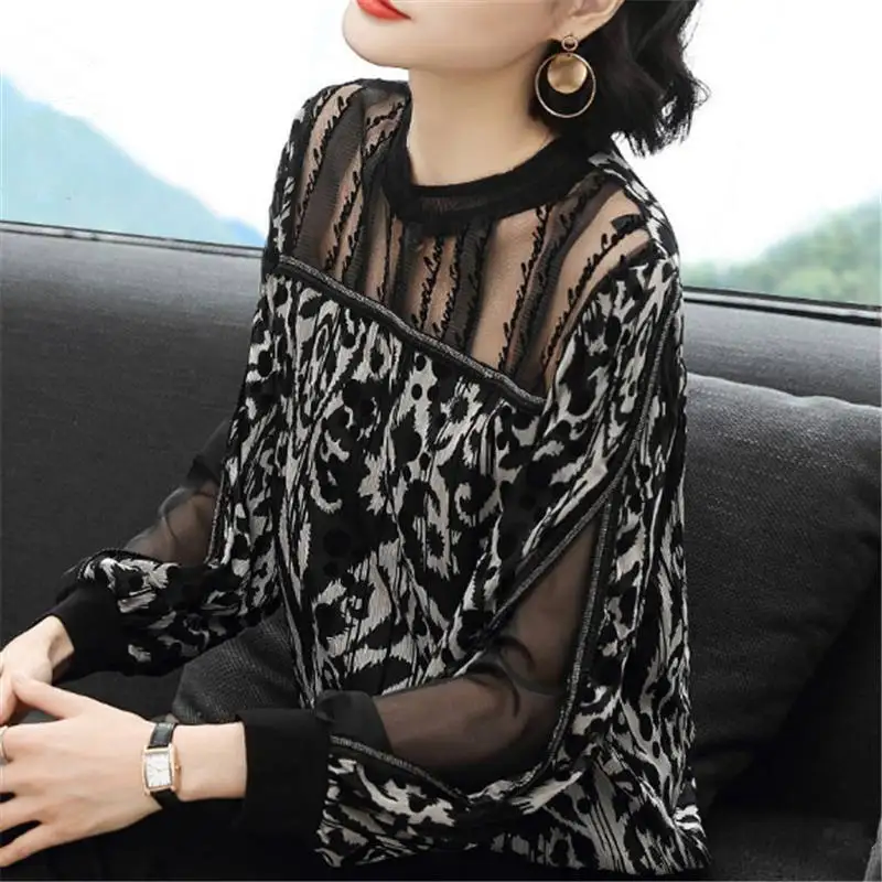 

2020 Women Spring And Autumn Fashion Western Style Stitching Lace Leopard Sexy Chiffon Shirt Loose Plus Size Women's Clothing