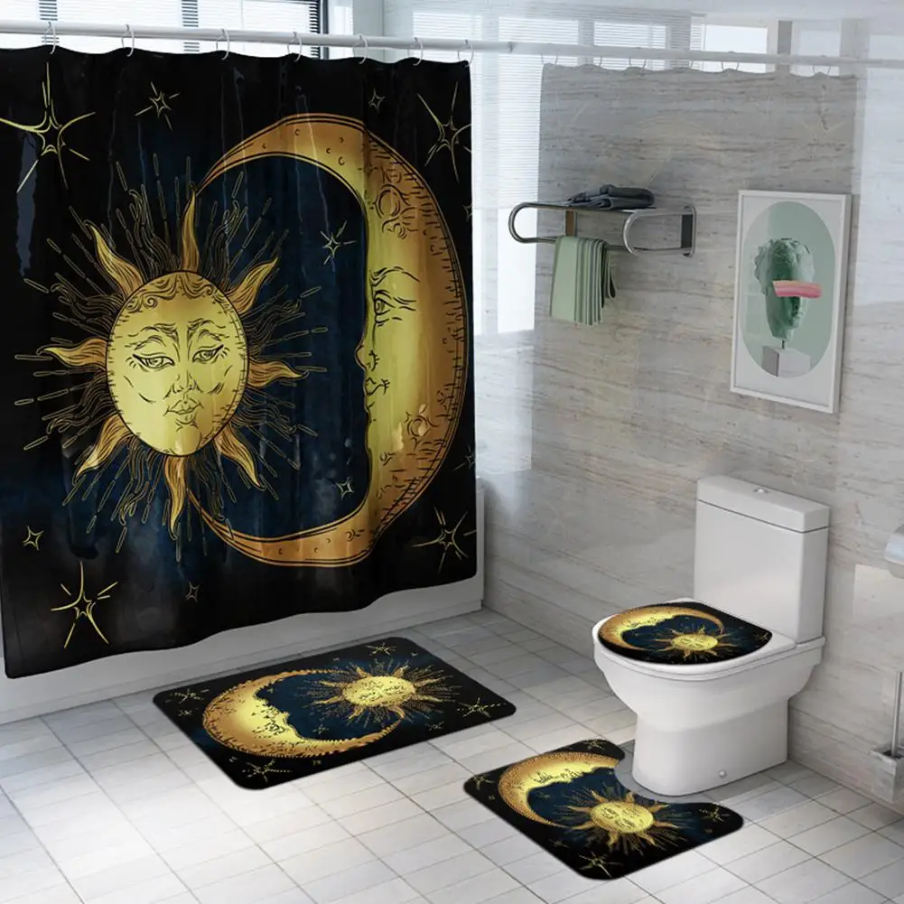 DishyKooker 1/3/4 шт. Ванная комната Sun Moon печати Душ Шторы коврик для крышки унитаза Non-Slip Ванная комната коврик набор