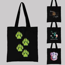 Women's black shopping bag reusable casual shoulder bag color feather pattern printed canvas commuter portable student handbag