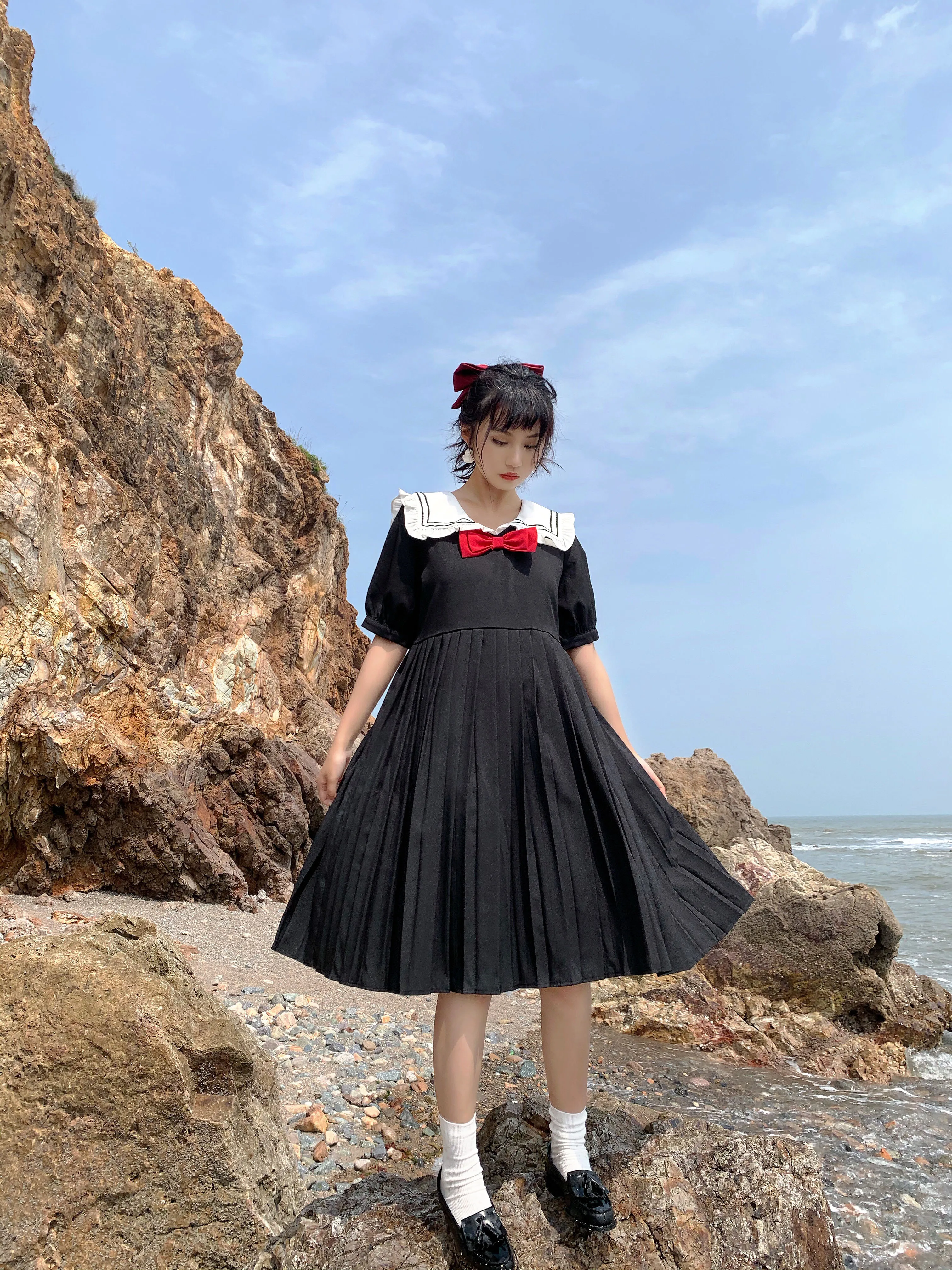 Japanese Preppy Style Sweet Soft Girl Dress Sailor Collar Bow Vintage Puff Sleeve Dress Kawaii Pleated Cute Girly Dresses