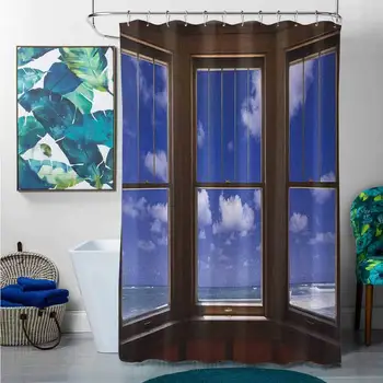 

Shower Curtains Trendy Beach,Sea Ocean Scenery Waves View from Summer House Window Image Art, Dark Brown Navy Blue and White,W69