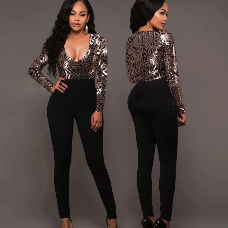 

Black Sequin patchwork bandage Jumpsuits Women Sexy V-neck Sparkly Glitter Bodycon Party Long sleeve legging pant Rompers outfit