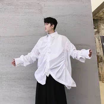 

EWQ / 2020 New Men Clothes Spring Fashion Design Pleated Irregular Personality Loose Long Sleeve Shirt For Male & Female 19H-a50