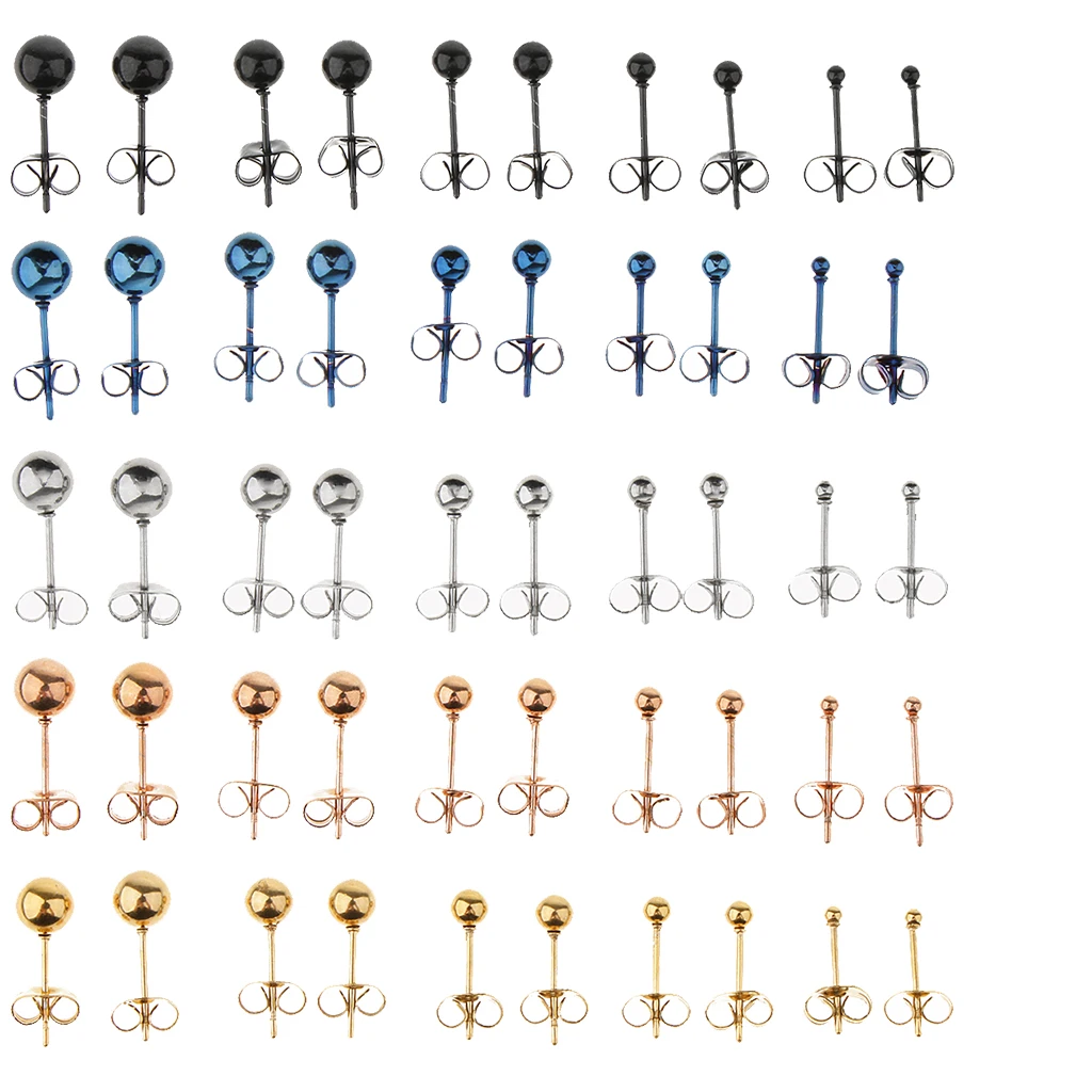 5 Pairs 20 Gauge Stainless Steel Stud Earrings Round Ball Men Women Assorted Size Ball 2mm 3mm 4mm 5mm 6mm