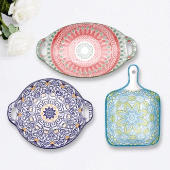 

10 Inch Boho Style Double Ear Ceramic Bakeware,Square Pizza Plate with Handle,Oval Fruit Plate,Decor Bake Plate