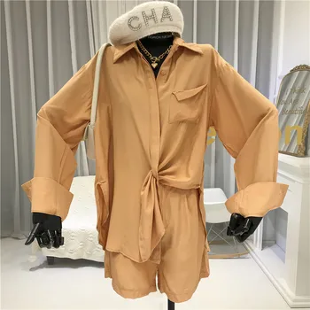 

2 Piece Sets Womens Outfits Loose Women Shirts with Long Sleeve+ Elastic Waist Shorts Winter Outfits Women 2020 Summer Sets