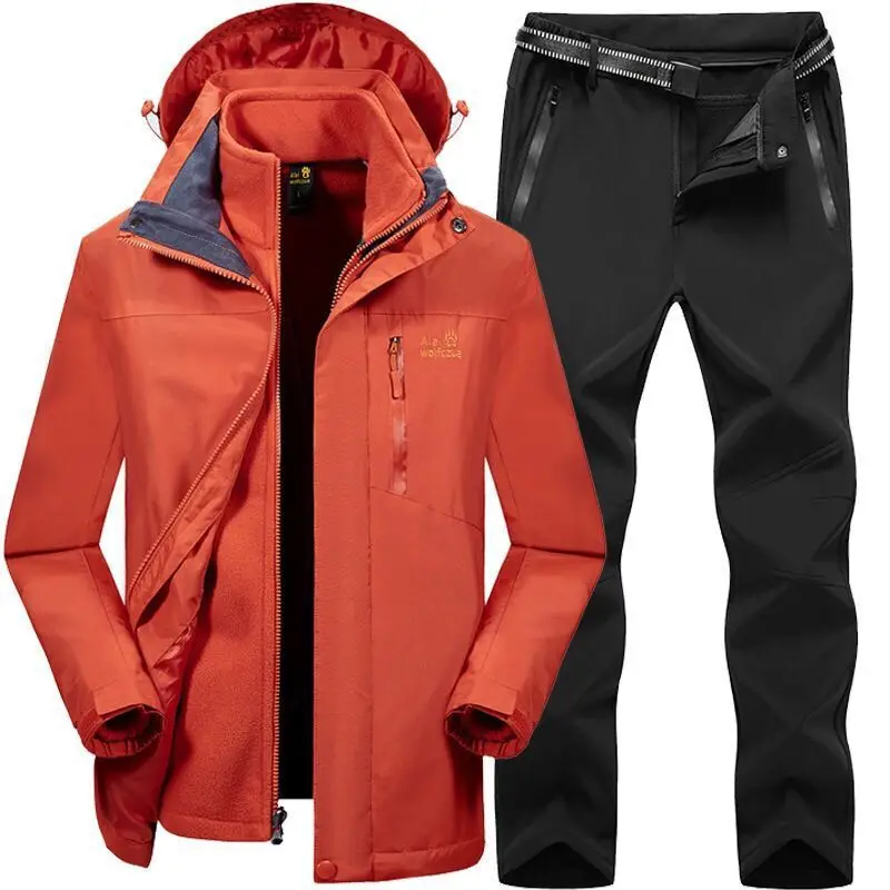 Мужские и женские зимние осенние съемные походные лыжные куртки, флисовые водонепроницаемые штаны с поясом - Цвет: Orange Black Men