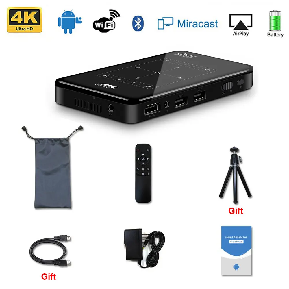 Мини проектор Salange Android 9 0 Wi Fi Bluetooth аккумулятор 4000 мАч поддержка Miracast Airplay