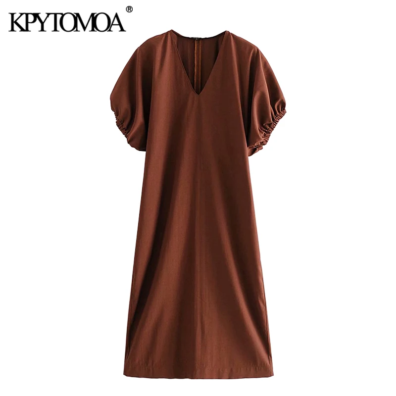KPYTOMOA Women 2020 Chic Fashion Puff Sleeve Midi Dress Vintage V Neck Side Pockets Back Vents Female Dresses Vestidos Mujer KPYTOMOA Women 2020 Chic Fashion Puff Sleeve Midi Dress Vintage V Neck Side Pockets Back Vents Female Dresses Vestidos Mujer