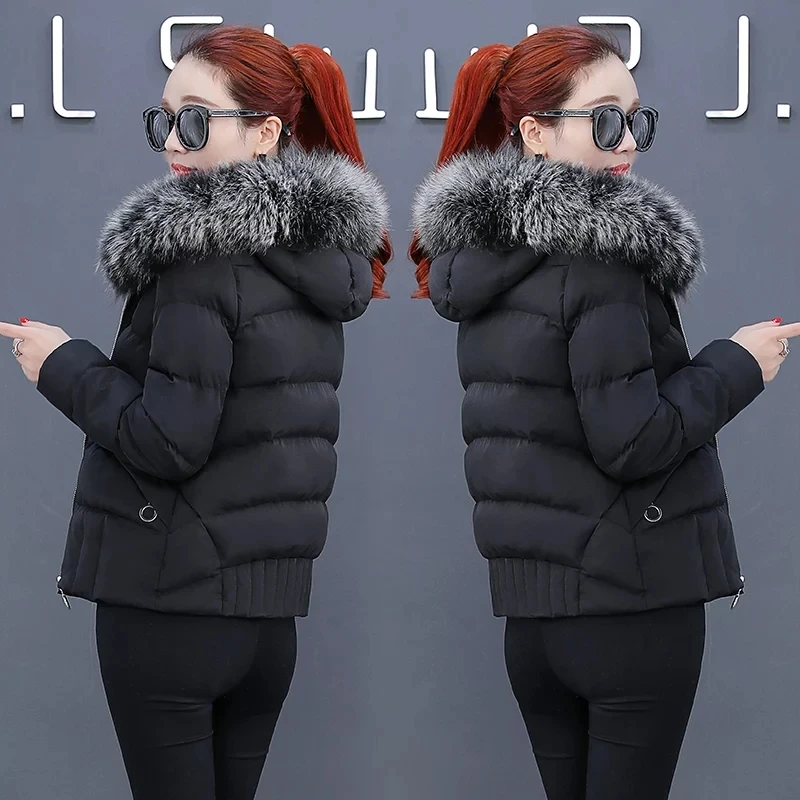 Новое поступление с меховым капюшоном Для женщин зимнее пуховое пальто короткие зауженный крой теплая стеганая куртка свободные весенне-осенние черные