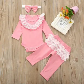 

Newborn Infant Baby Girls Ruffle Long Sleeve Romper Bodysuit Pants Headband 2Pcs Set Toddler Lovely Spring Autumn Outfits