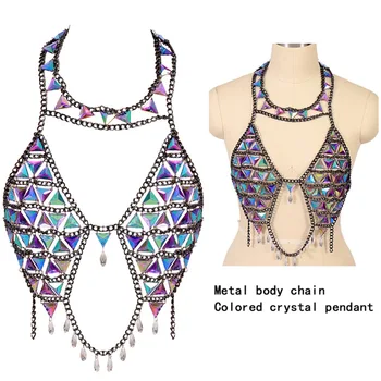 

Handmade Body Chains Open Back Hanging Neck Vest Adjust Size Underwear Hollow Out Water Droplets Gem Bras Bikini Beach Rave