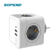 Sopend EU Smart Socket Power Strip Plug 2 USB Powercube with Switch+Type C+Blue Light Wall 4 Outlet Extension Adapter Kr Socket