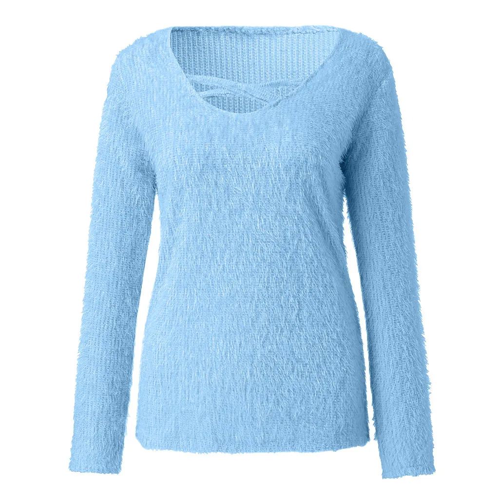 Blue Меховой топ с круглым вырезом camisa feminina, сексуальные тонкие однотонные толстовки, повседневные зимние топы, офисная одежда, осенняя одежда Женская сорочка femme 10,22 - Цвет: Blue