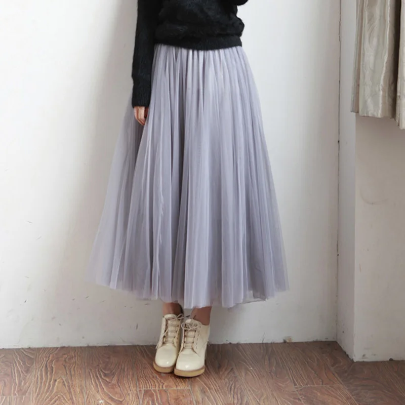 Модная плиссированная юбка из тюля для женщин; сезон весна-осень; однотонные Длинные юбки; цвет серый, черный, белый; трехслойная сетчатая юбка-пачка; сказочная уличная одежда - Цвет: Серый