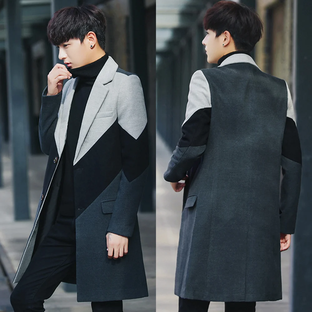 На осень-зиму в британском стиле Модные окрашены частями, из кусков, мужские slim fit однобортный плотный шерстяной& blends длинное пальто