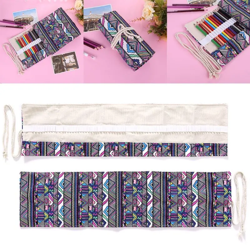 

36/48/72 Holes Canvas Wrap Roll Up Pencil Case Pen Bag Holder Storage Pouch New pen container