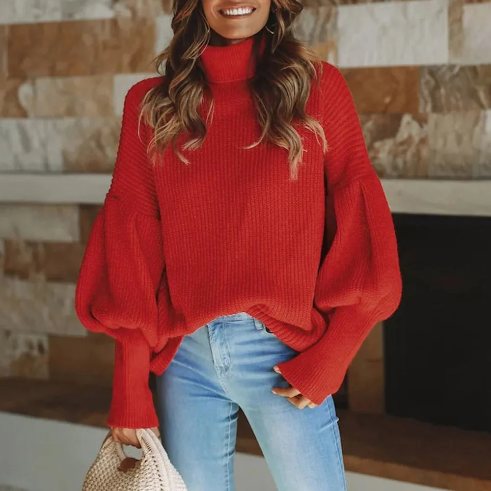 

Women Knitted Turtleneck Sweater Female Solid Turtleneck Knitted Solid Long Sleeve Pullovers Warm Tops Loose Sweater 9.9