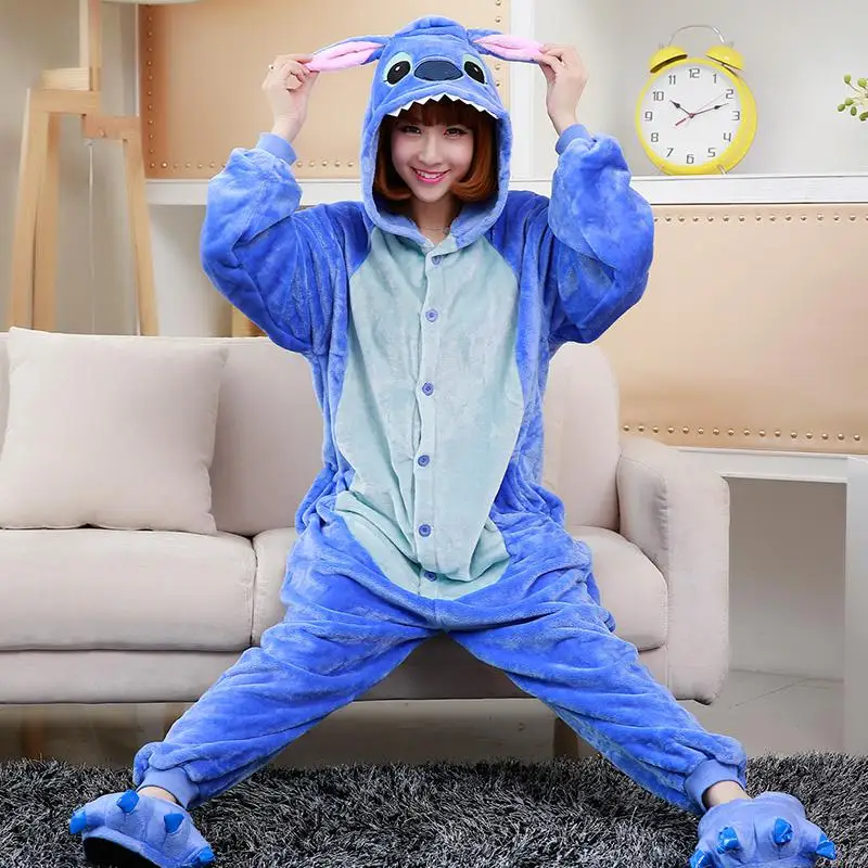Кигуруми зимние пижамы единорога Трицератопс пижамы животных крысы комбинезоны для женщин мужчин унисекс взрослых фланелевая ночная рубашка комплект домашней одежды - Цвет: Blue Stitch FL