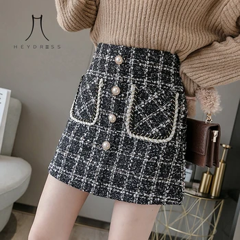 

Mini Tweed Wool Skirt Women Korean Style Hight Waist Autumn Winter Short Plaid Skirts Pocket Button Hip Package Faldas Mujer
