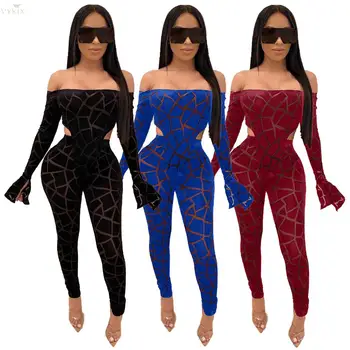 

Winter Women Set Long Flare Sleeve Mesh Plaid Tracksuit Slash Neck Bodysuits +pants Suit Two Piece Set Clubwear Women Outfits