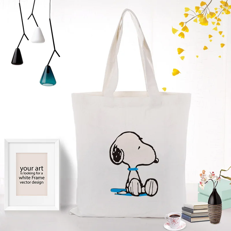 SNOOPY046 Милая Холщовая Сумка-тоут с рисунком собаки из мультфильма, индивидуальный принт, текстовый логотип, ручная сумка для ежедневного использования, Экологичная сумка для покупок, многоразовая сумка для покупок - Цвет: SNOOPY046