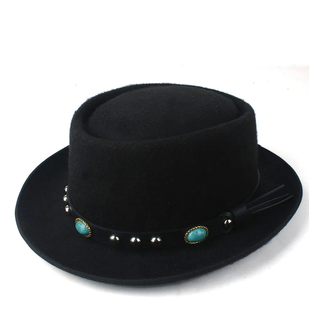 Женская и Мужская шерстяная шляпа-пирожок с плоской фетровой шляпой для джентльмена Элегантная Дамская гамблер Трилби чародейная шляпка для церкви размер 58 см