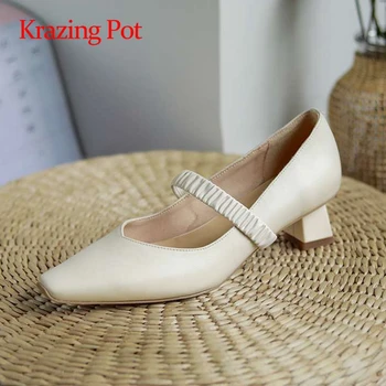 

Krazing Pot gladiator genuine leather noble modern small square toe med strange heels elastic band mature shiny women pumps L35