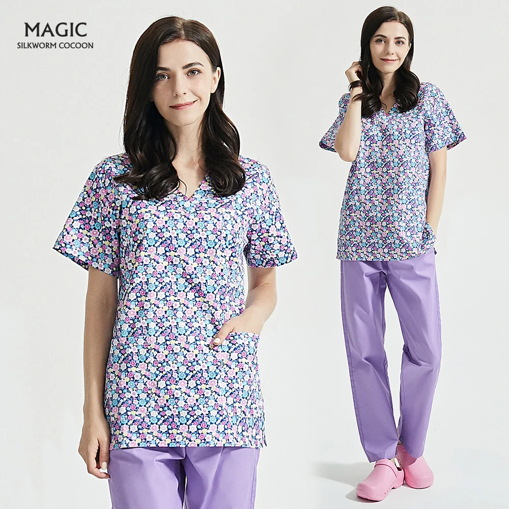 V neck Floral print Pet grooming uniforms scrubs tops spa uniform