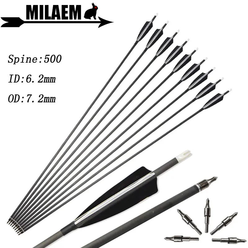 

6/12/24pcs Archery Carbon Arrow Spine 500 ID6.2mm OD7.2mm 4inch Turkey Feather Compound Recurve Bow Shooting Hunting Accessories
